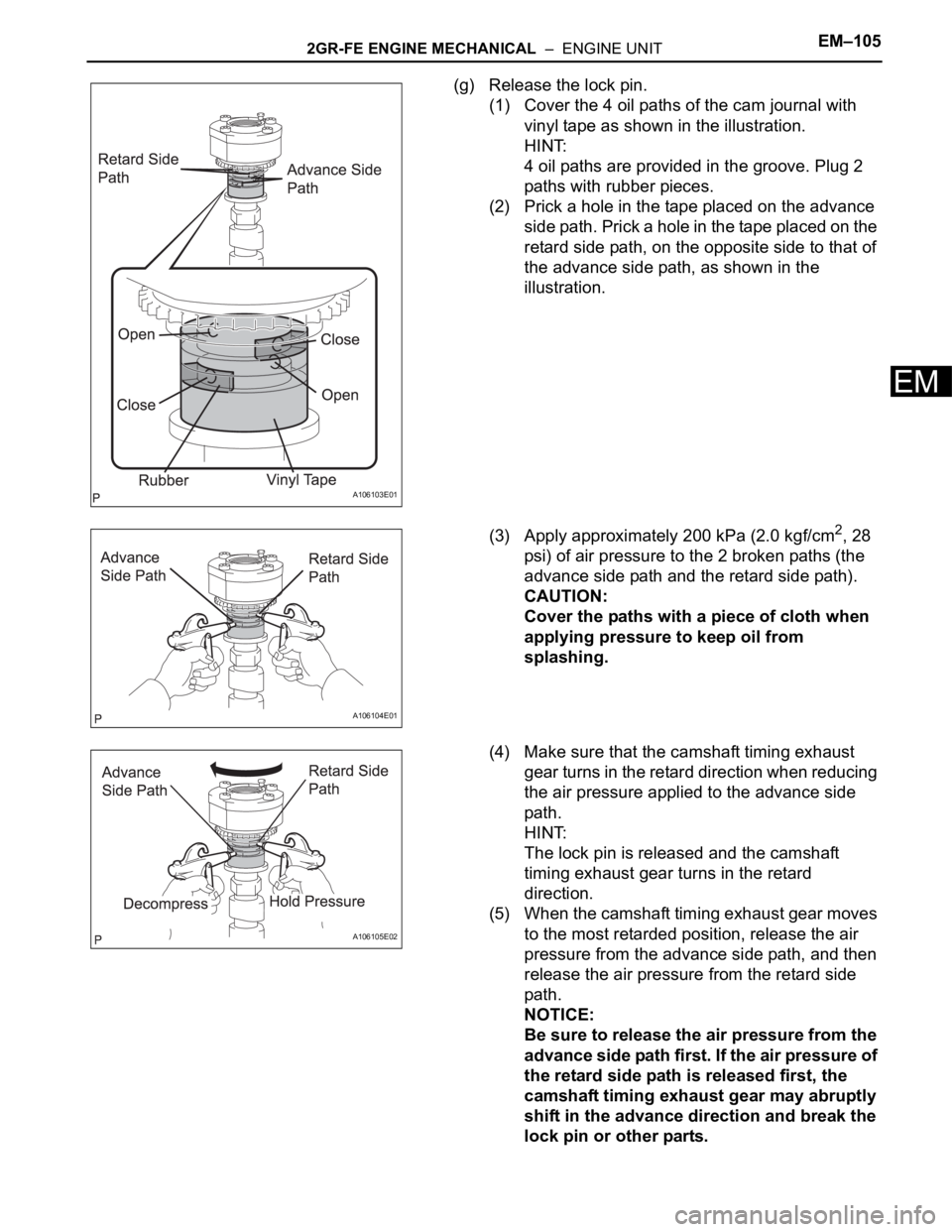 TOYOTA SIENNA 2007  Service Repair Manual 2GR-FE ENGINE MECHANICAL  –  ENGINE UNITEM–105
EM
(g) Release the lock pin.
(1) Cover the 4 oil paths of the cam journal with 
vinyl tape as shown in the illustration.
HINT:
4 oil paths are provid