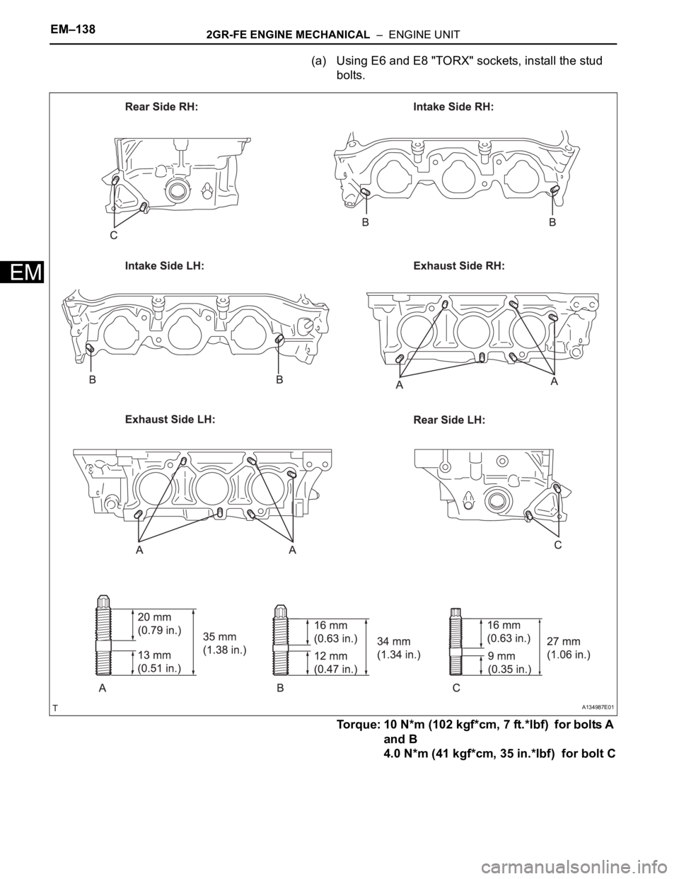 TOYOTA SIENNA 2007 Service Repair Manual EM–1382GR-FE ENGINE MECHANICAL – ENGINE UNIT
EM
(a) Using E6 and E8 "TORX" sockets, install the stud
bolts.
Torque: 10 N*m (102 kgf*cm, 7 ft.*lbf) for bolts A
and B
4.0 N*m (41 kgf*cm TOYOTA SIENNA 2007 Service Repair Manual EM–1382GR-FE ENGINE MECHANICAL – ENGINE UNIT
EM
(a) Using E6 and E8 "TORX" sockets, install the stud
bolts.
Torque: 10 N*m (102 kgf*cm, 7 ft.*lbf) for bolts A
and B
4.0 N*m (41 kgf*cm