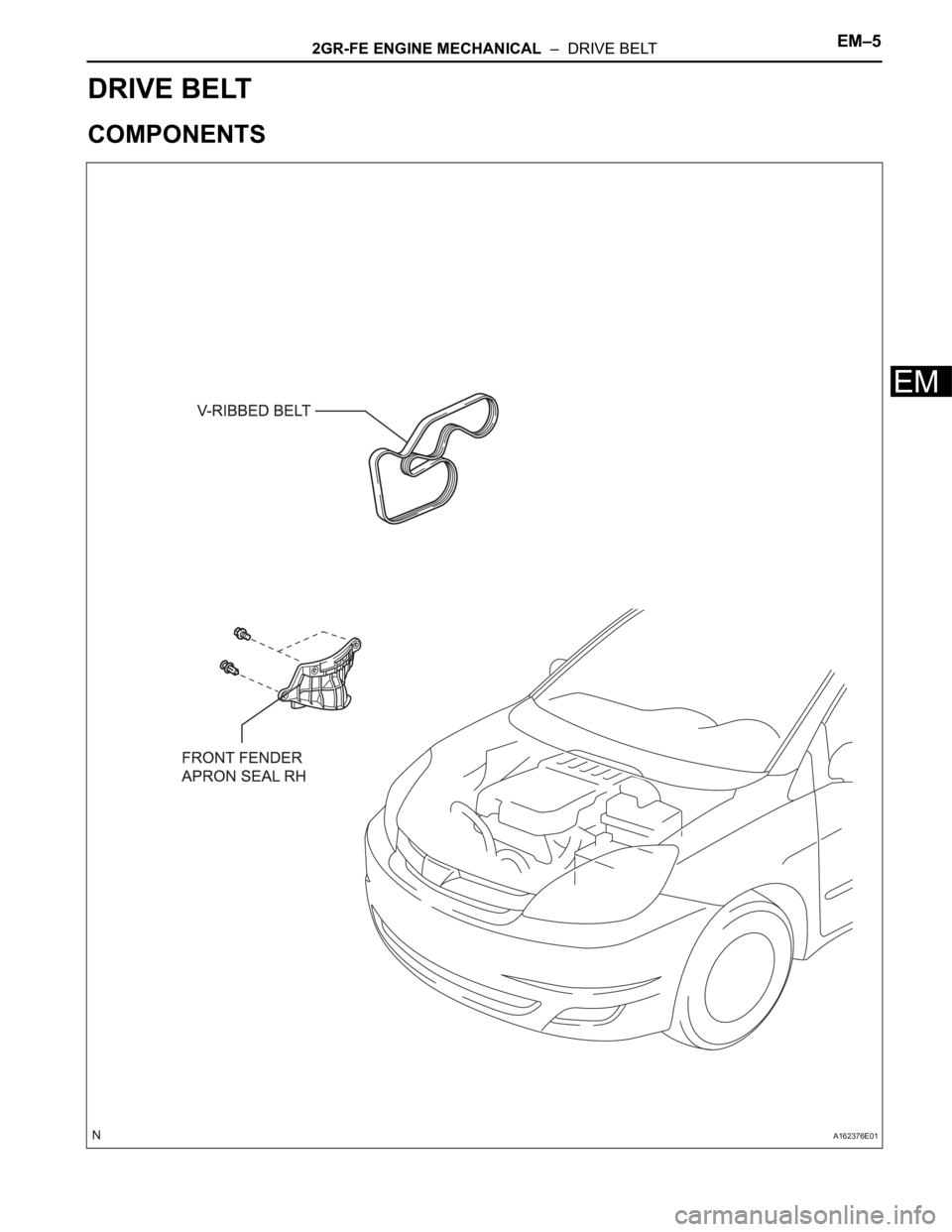 TOYOTA SIENNA 2007 Service Repair Manual 2GR-FE ENGINE MECHANICAL – DRIVE BELTEM–5
EM
ENGINE
2GR-FE ENGINE MECHANICAL
DRIVE BELT
COMPONENTS
A162376E01 TOYOTA SIENNA 2007 Service Repair Manual 2GR-FE ENGINE MECHANICAL – DRIVE BELTEM–5
EM
ENGINE
2GR-FE ENGINE MECHANICAL
DRIVE BELT
COMPONENTS
A162376E01