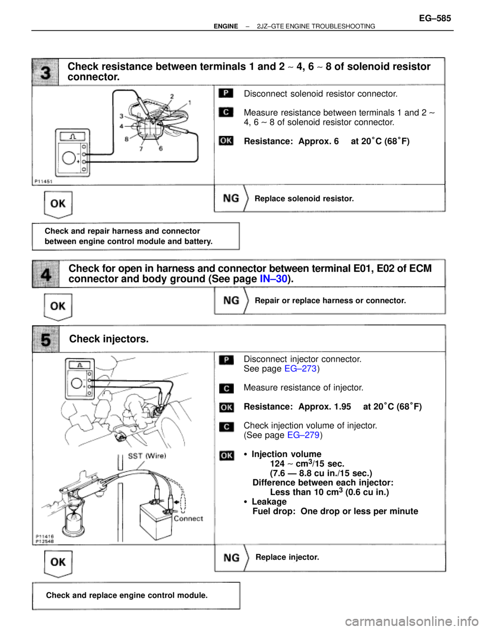 TOYOTA SUPRA 1986  Service Repair Manual (See page IN±30).
Disconnect  solenoid resistor connector.
Measure resistance between terminals 1 and 2 
~
4, 6 ~ 8 of solenoid resistor connector.
Resistance:  Approx. 6  at 20°C (68°F)
Check res