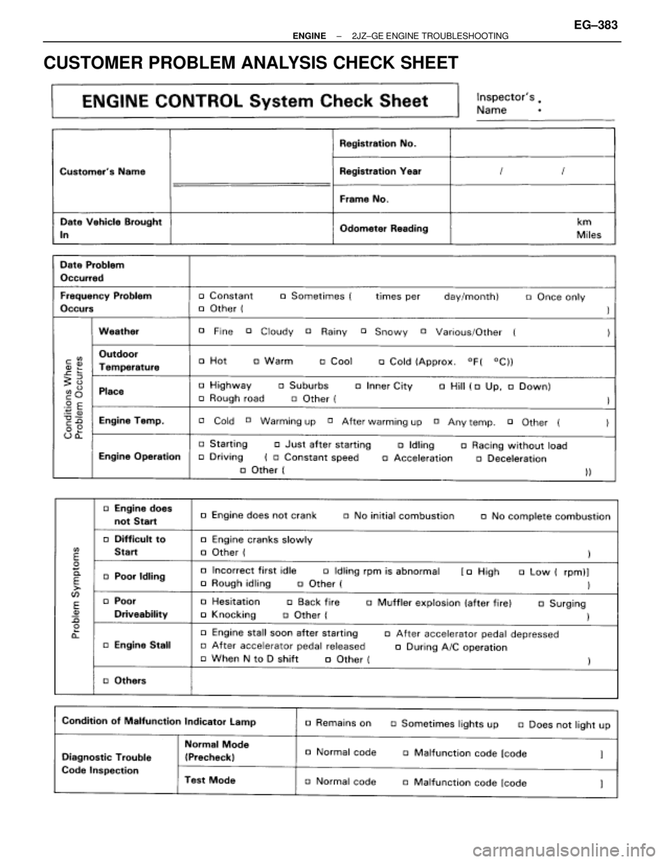 TOYOTA SUPRA 1986  Service Repair Manual CUSTOMER PROBLEM ANALYSIS CHECK SHEET
± ENGINE2JZ±GE ENGINE TROUBLESHOOTINGEG±383 