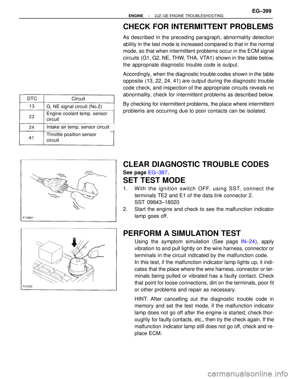 TOYOTA SUPRA 1986  Service Repair Manual DTCCircuit
G, NE signal circuit (No.2)
Engine coolant temp. sensor
circuit
Intake air temp. sensor circuit
Throttle position sensor
circuit
CHECK FOR INTERMITTENT PROBLEMS
As described in the precedin