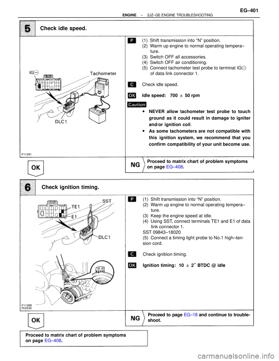 TOYOTA SUPRA 1986  Service Repair Manual Check idle speed.
Check ignition timing.
Check idle speed.
(1) Shift transmission into ªNº position.
(2) Warm up engine to normal operating tempera±
ture.
(3) Switch OFF all accessories.
(4) Switch