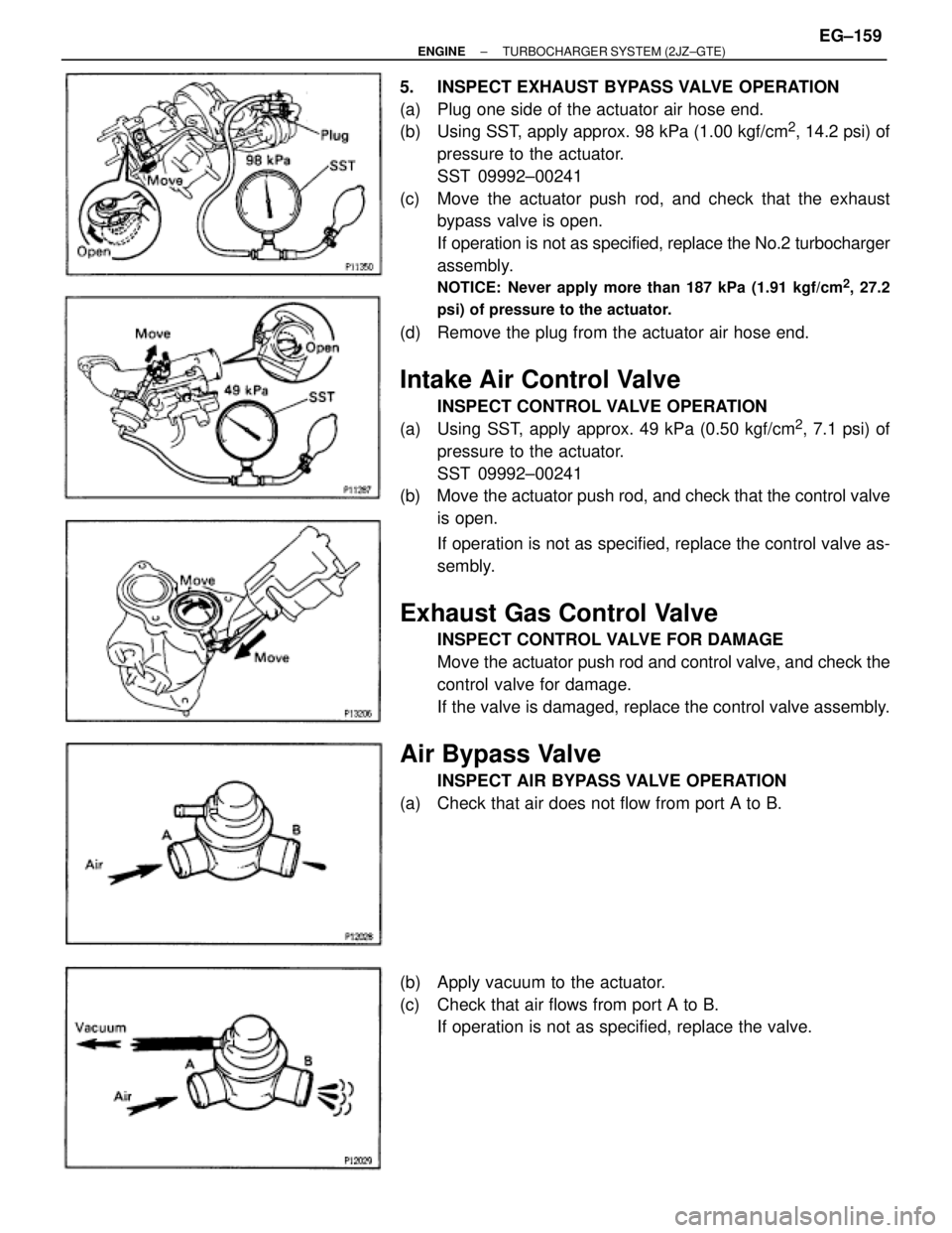 TOYOTA SUPRA 1986  Service User Guide 5.  INSPECT EXHAUST BYPASS VALVE OPERATION
(a)  Plug one side of the actuator air hose end.
(b)  Using SST, apply approx. 98 kPa (1.00 kgf/cm
2, 14.2 psi) of
pressure to the actuator.
SST 09992±00241