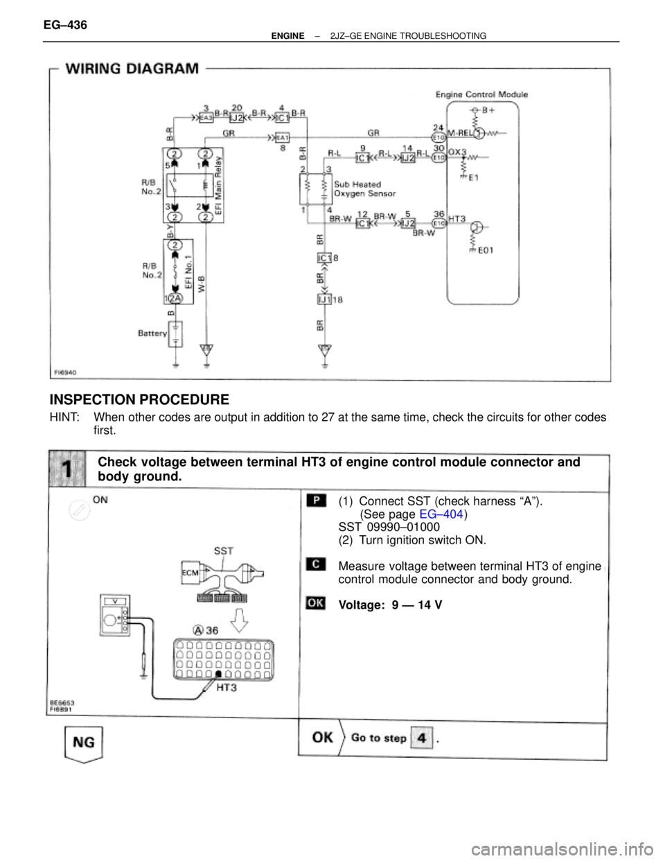 TOYOTA SUPRA 1986 Service Repair Manual (See page EG±404)
INSPECTION PROCEDURE
HINT: When other codes are output in addition to 27 at the same time, check the circuits for other codes
first.
Check voltage between terminal HT3 of engine con TOYOTA SUPRA 1986 Service Repair Manual (See page EG±404)
INSPECTION PROCEDURE
HINT: When other codes are output in addition to 27 at the same time, check the circuits for other codes
first.
Check voltage between terminal HT3 of engine con