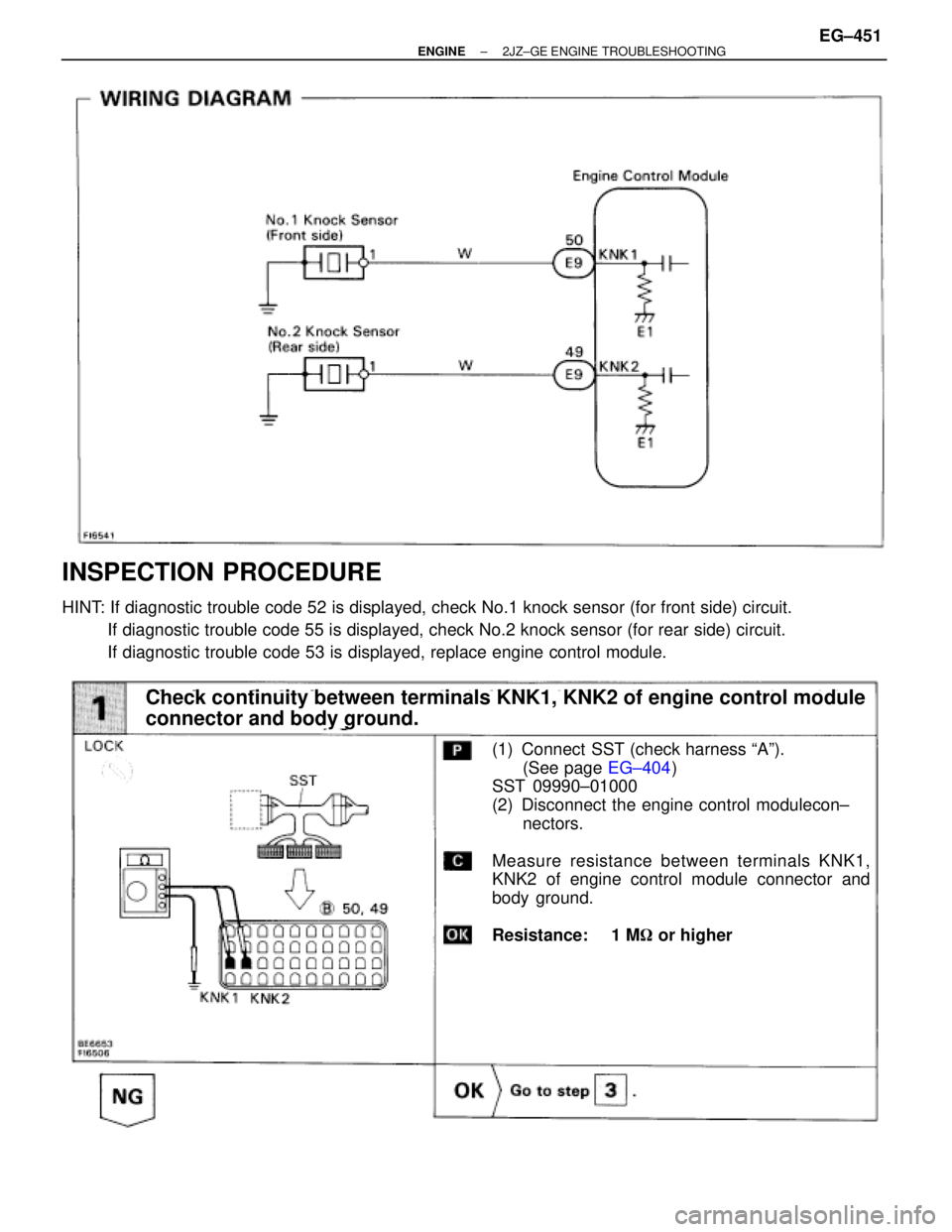TOYOTA SUPRA 1986  Service Repair Manual INSPECTION PROCEDURE
HINT: If diagnostic trouble code 52 is displayed, check No.1 knock sensor (for front side) circuit.
If diagnostic trouble code 55 is displayed, check No.2 knock sensor (for rear s