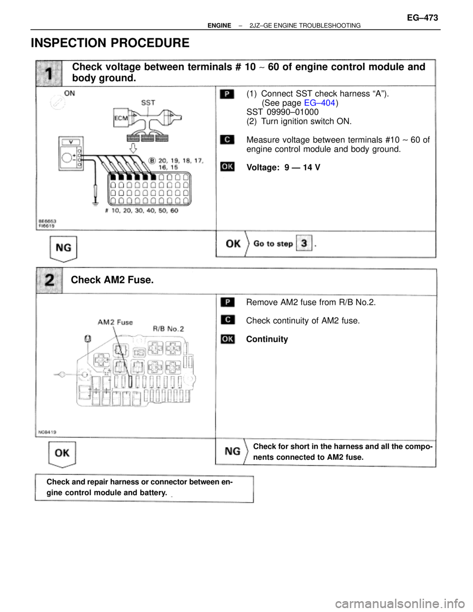 TOYOTA SUPRA 1986  Service Repair Manual INSPECTION PROCEDURE
(See page EG±404)
Check voltage between terminals # 10 ~ 60 of engine control module and
body ground.
(1) Connect  SST check harness ªAº).
(See page EG±404)
SST 09990±01000
(