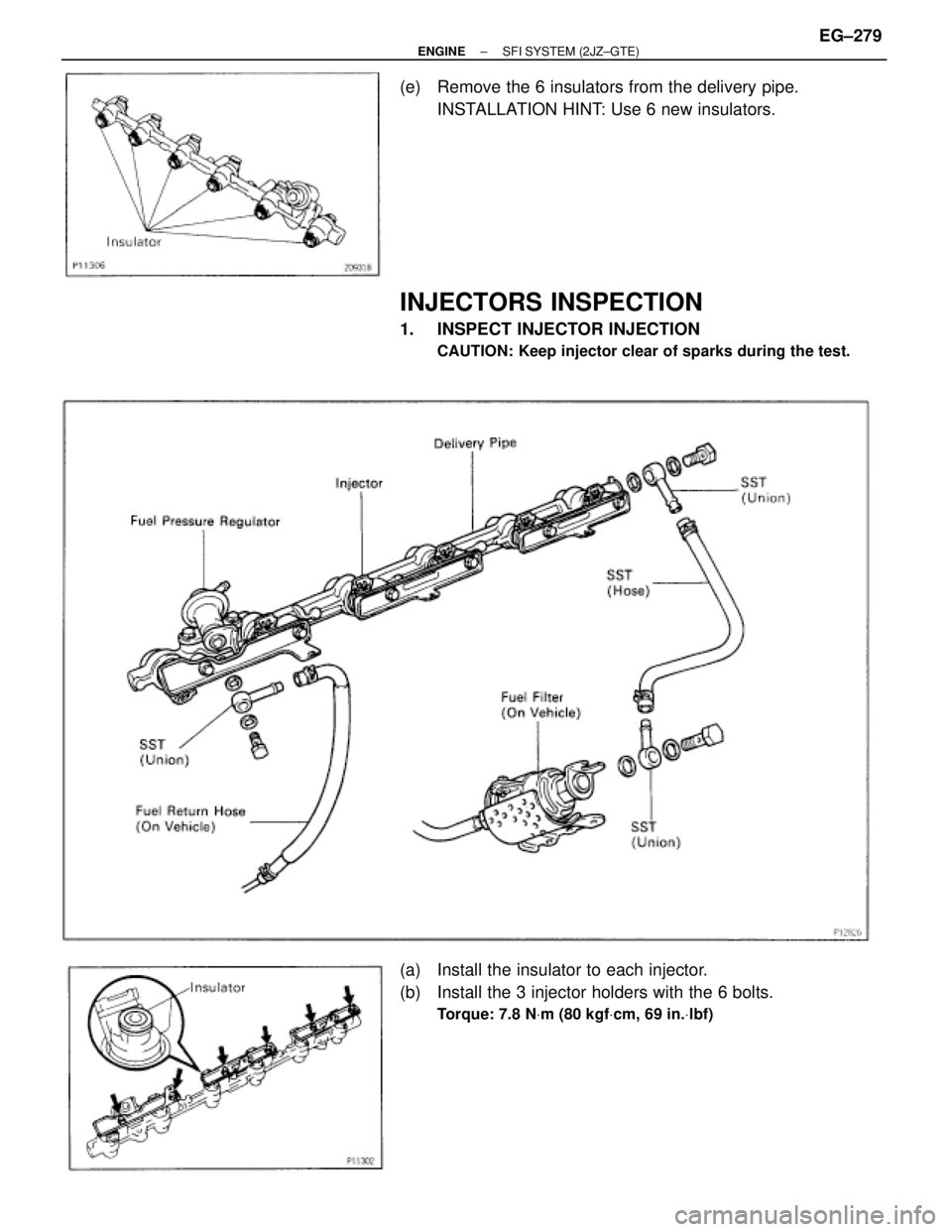 TOYOTA SUPRA 1986  Service Repair Manual (e)  Remove the 6 insulators from the delivery pipe.
INSTALLATION HINT: Use 6 new insulators.
INJECTORS INSPECTION
1. INSPECT INJECTOR INJECTION
CAUTION: Keep injector clear of sparks during the test.