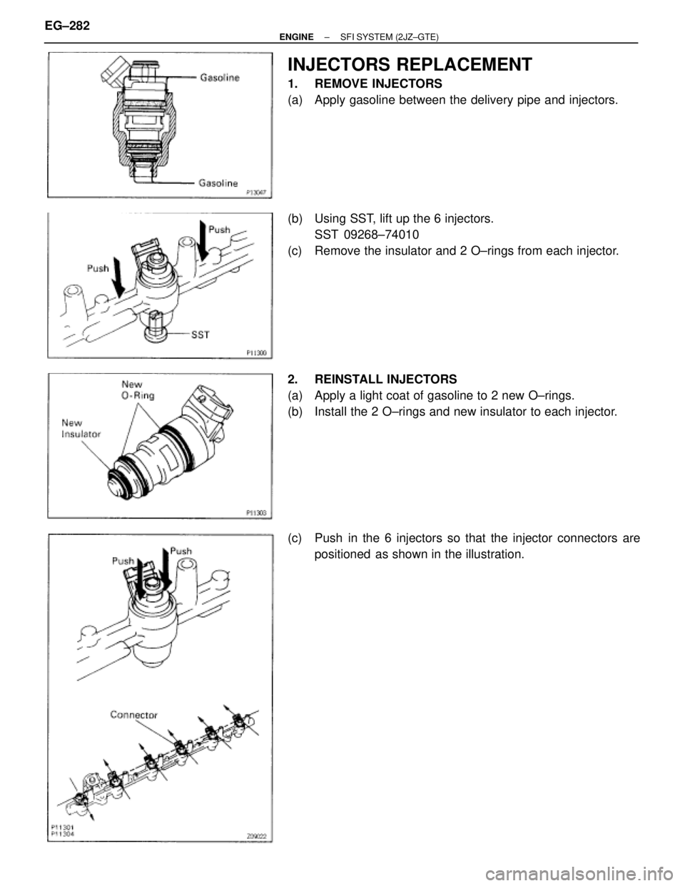 TOYOTA SUPRA 1986  Service Repair Manual INJECTORS REPLACEMENT
1. REMOVE INJECTORS
(a)  Apply gasoline between the delivery pipe and injectors.
(b)  Using SST, lift up the 6 injectors.
SST 09268±74010
(c)  Remove the insulator and 2 O±ring