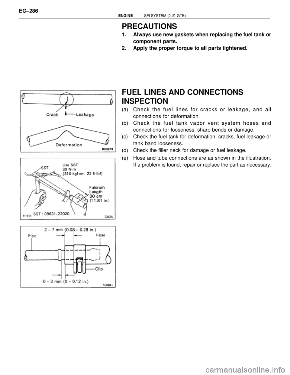 TOYOTA SUPRA 1986  Service Repair Manual PRECAUTIONS
1.  Always  use new gaskets when replacing the fuel tank or
component parts.
2.  Apply the proper torque to all parts tightened.
FUEL LINES AND CONNECTIONS
INSPECTION
(a)  Check the fuel l