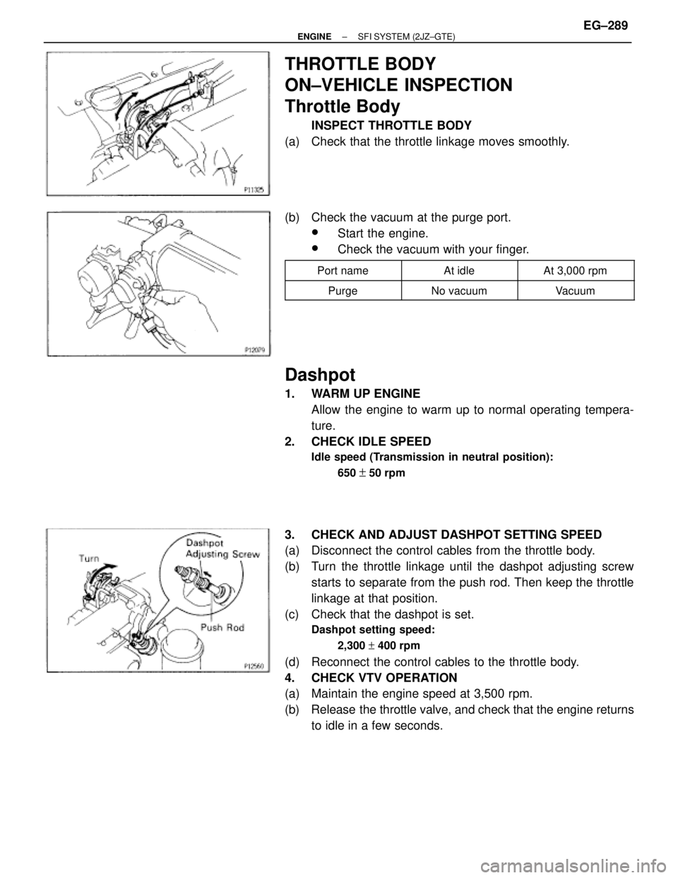 TOYOTA SUPRA 1986  Service Repair Manual THROTTLE BODY
ON±VEHICLE INSPECTION
Throttle Body
INSPECT THROTTLE BODY
(a)  Check that the throttle linkage moves smoothly.
(b)  Check the vacuum at the purge port.
wStart the engine.
wCheck the vac