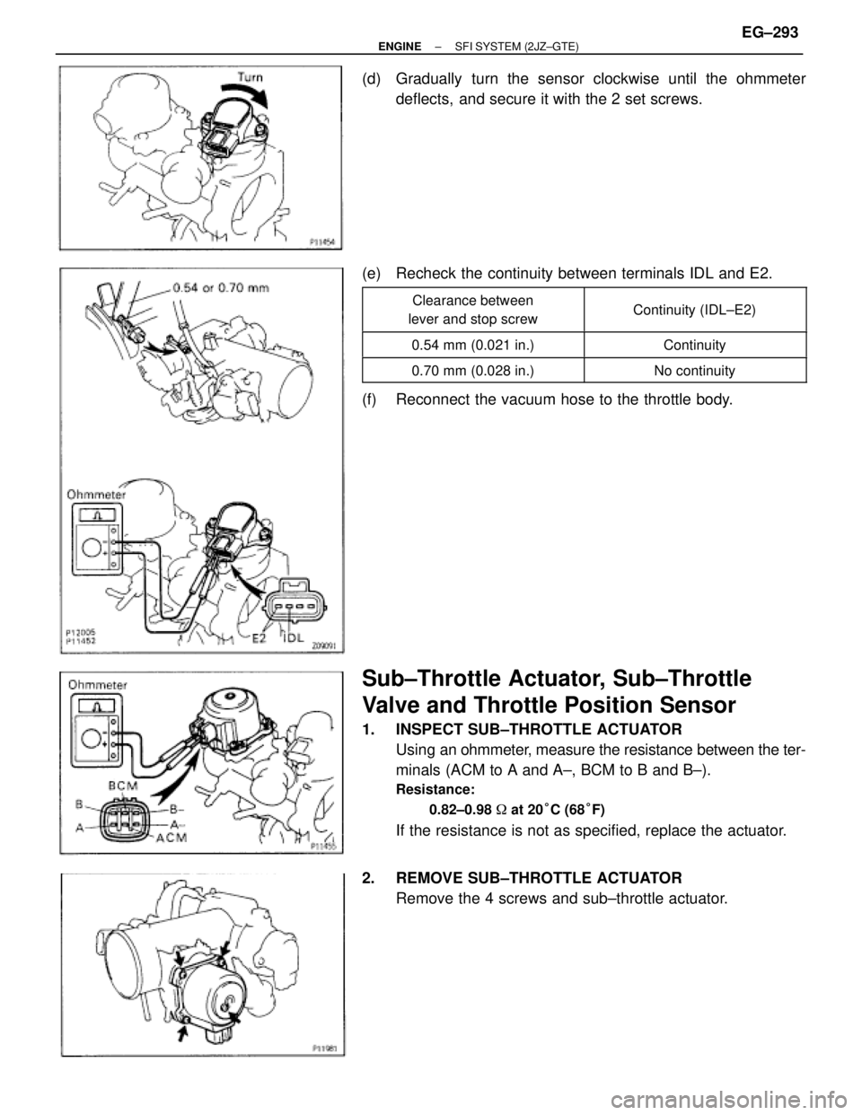 TOYOTA SUPRA 1986  Service Repair Manual (d)  Gradually turn the sensor clockwise until the ohmmeter
deflects,  and secure it with the 2 set screws.
(e)  Recheck the continuity between terminals IDL and E2.
 
 
