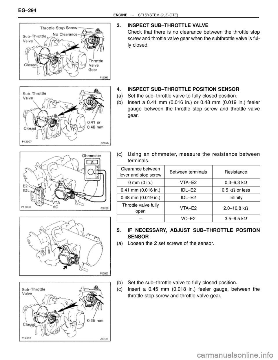 TOYOTA SUPRA 1986  Service Repair Manual 3.  INSPECT SUB±THROTTLE VALVE
Check that there is no clearance between the throttle stop
screw and throttle valve gear when the subthrottle valve is ful-
ly closed.
4.  INSPECT SUB±THROTTLE POSITIO