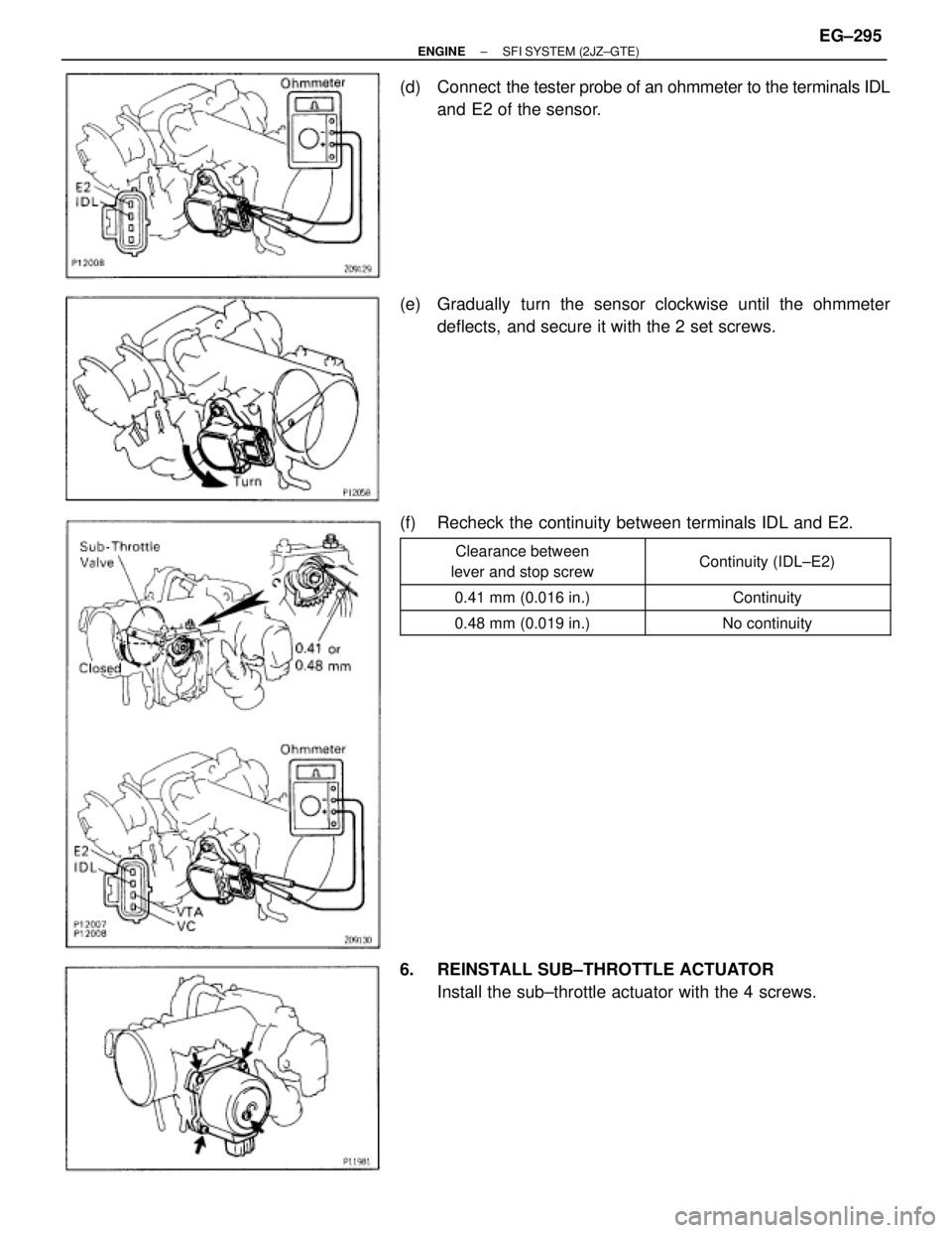 TOYOTA SUPRA 1986  Service Repair Manual (d) Connect  the tester probe of an ohmmeter to the terminals IDL
and E2 of the sensor.
(e)  Gradually turn the sensor clockwise until the ohmmeter
deflects,  and secure it with the 2 set screws.
(f) 