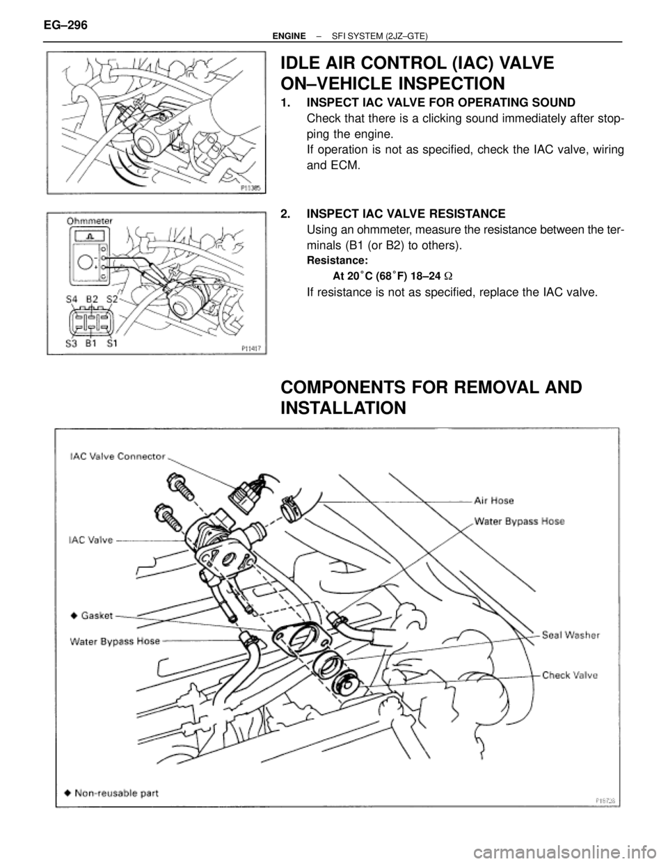 TOYOTA SUPRA 1986  Service Repair Manual IDLE AIR CONTROL (IAC) VALVE
ON±VEHICLE INSPECTION
1.  INSPECT IAC VALVE FOR OPERATING SOUND
Check that there is a clicking sound immediately after stop-
ping the engine.
If operation is not as speci