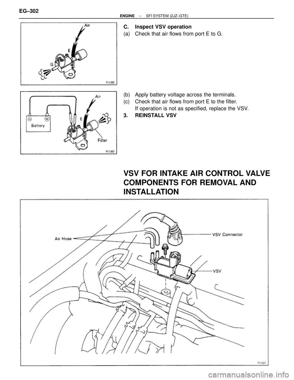 TOYOTA SUPRA 1986  Service Repair Manual C.  Inspect VSV operation
(a)  Check that air flows from port E to G.
(b)  Apply battery voltage across the terminals.
(c)  Check that air flows from port E to the filter.
If operation is not as speci