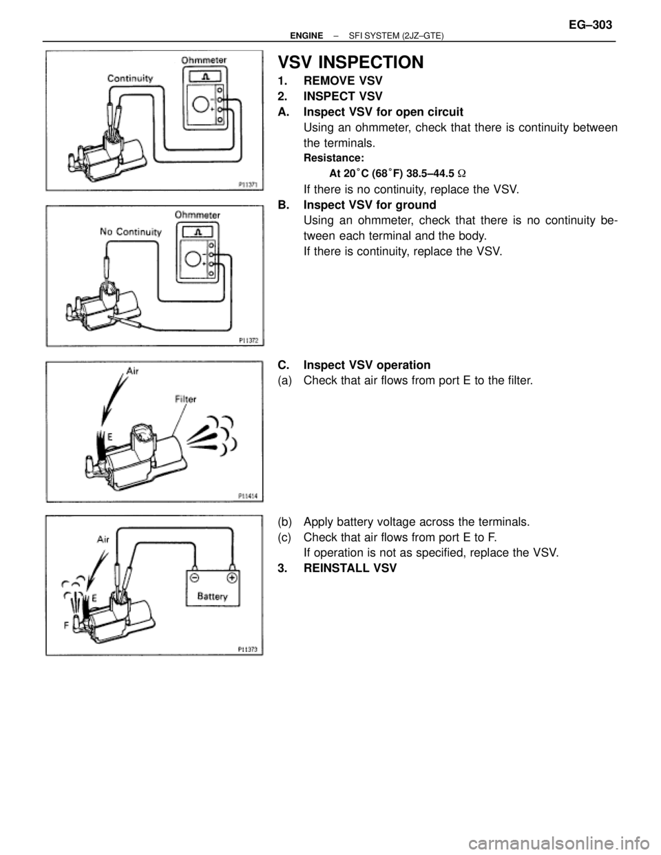 TOYOTA SUPRA 1986  Service Repair Manual VSV INSPECTION
1. REMOVE VSV
2. INSPECT VSV
A.  Inspect VSV for open circuit
Using an ohmmeter, check that there is continuity between
the terminals.
Resistance:
At 20°C (68°F) 38.5±44.5 
If there