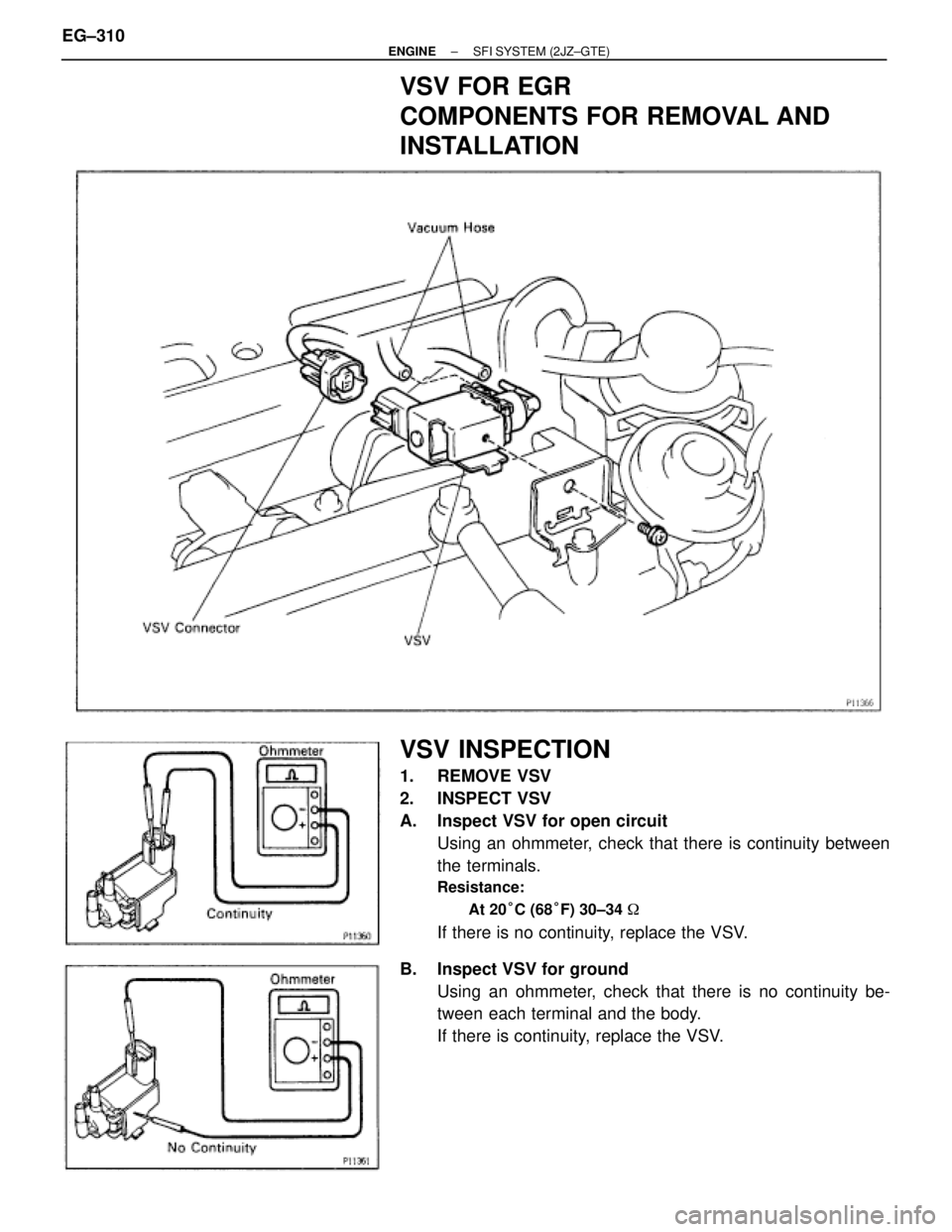 TOYOTA SUPRA 1986  Service Repair Manual VSV FOR EGR
COMPONENTS FOR REMOVAL AND
INSTALLATION
VSV INSPECTION
1. REMOVE VSV
2. INSPECT VSV
A.  Inspect VSV for open circuit
Using an ohmmeter, check that there is continuity between
the terminals