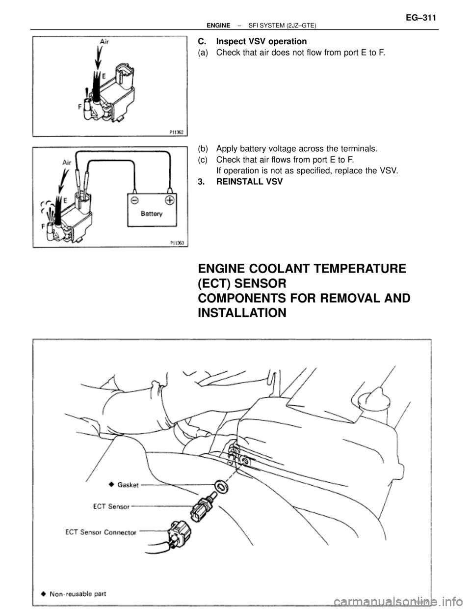 TOYOTA SUPRA 1986  Service Repair Manual C.  Inspect VSV operation
(a)  Check that air does not flow from port E to F.
(b)  Apply battery voltage across the terminals.
(c)  Check that air flows from port E to F.
If operation is not as specif