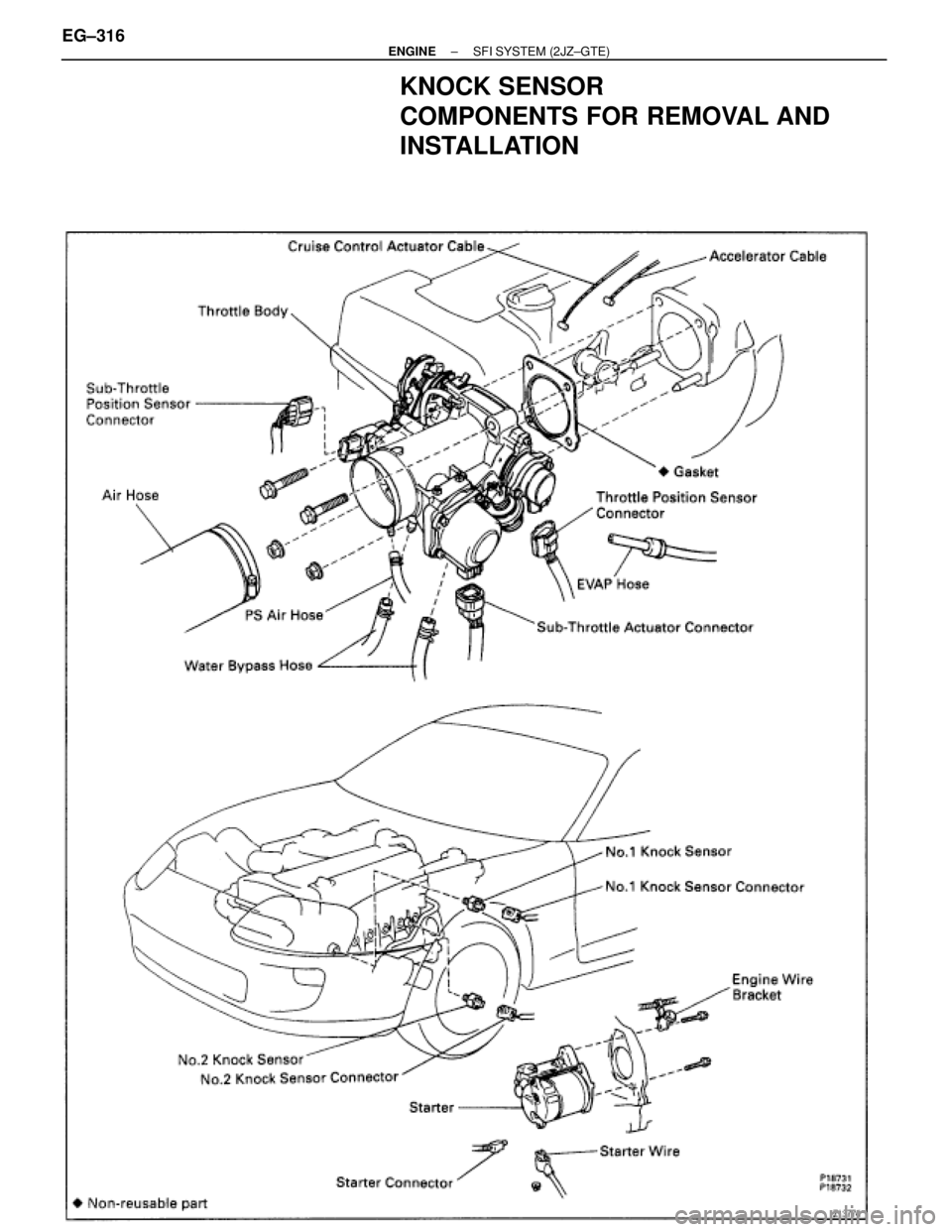 TOYOTA SUPRA 1986  Service Repair Manual KNOCK SENSOR
COMPONENTS FOR REMOVAL AND
INSTALLATION
EG±316± ENGINESFI SYSTEM (2JZ±GTE) 