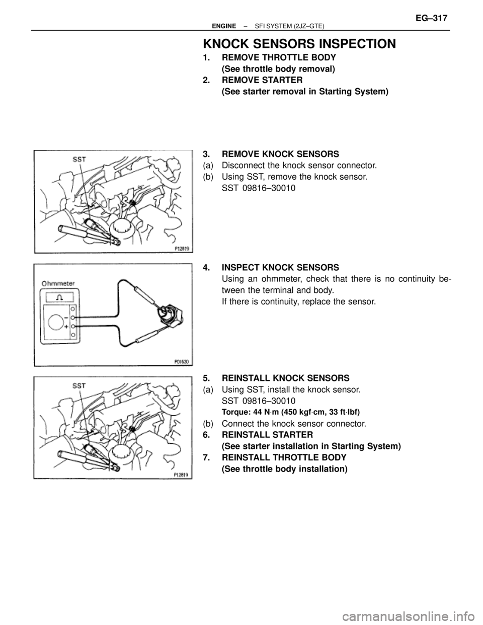 TOYOTA SUPRA 1986  Service Repair Manual KNOCK SENSORS INSPECTION
1.  REMOVE THROTTLE BODY
(See throttle body removal)
2. REMOVE STARTER
(See starter removal in Starting System)
3.  REMOVE KNOCK SENSORS
(a)  Disconnect the knock sensor conne