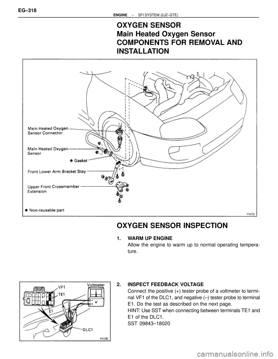 TOYOTA SUPRA 1986  Service Repair Manual OXYGEN SENSOR
Main Heated Oxygen Sensor
COMPONENTS FOR REMOVAL AND
INSTALLATION
OXYGEN SENSOR INSPECTION
1.  WARM UP ENGINE
Allow the engine to warm up to normal operating tempera-
ture.
2.  INSPECT F