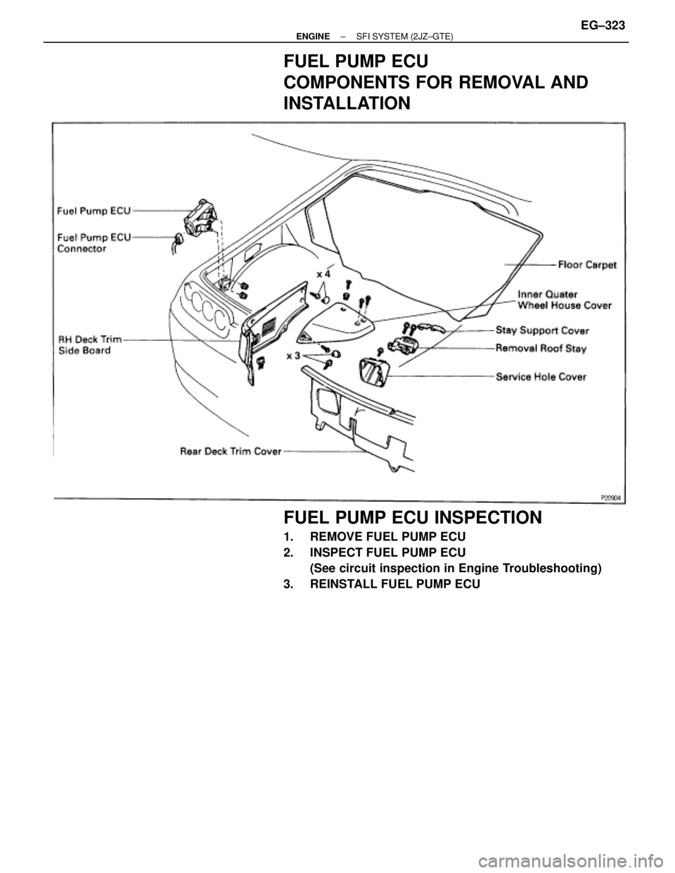 TOYOTA SUPRA 1986  Service Repair Manual FUEL PUMP ECU
COMPONENTS FOR REMOVAL AND
INSTALLATION
FUEL PUMP ECU INSPECTION
1.  REMOVE FUEL PUMP ECU
2.  INSPECT FUEL PUMP ECU
(See circuit inspection in Engine Troubleshooting)
3.  REINSTALL FUEL 