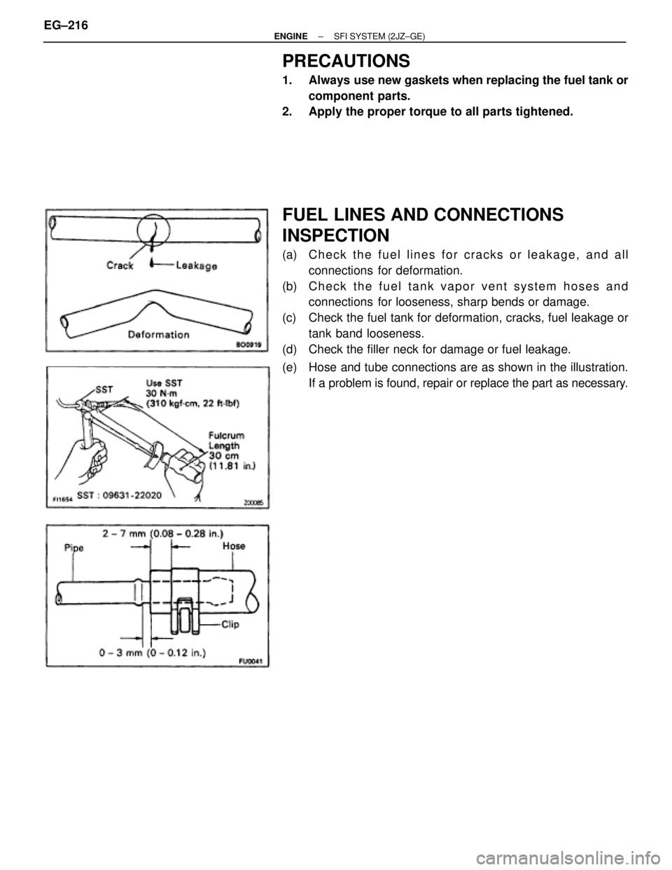 TOYOTA SUPRA 1986  Service Repair Manual PRECAUTIONS
1.  Always  use new gaskets when replacing the fuel tank or
component parts.
2.  Apply the proper torque to all parts tightened.
FUEL LINES AND CONNECTIONS
INSPECTION
(a)  Check the fuel l