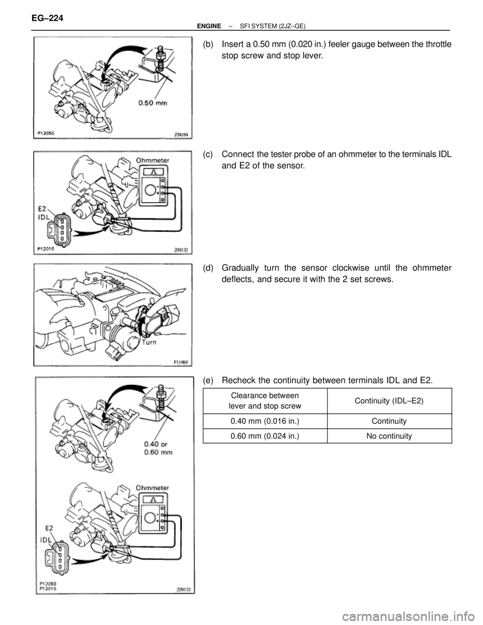TOYOTA SUPRA 1986  Service Repair Manual (b) Insert a 0.50 mm (0.020 in.) feeler gauge between the throttle
stop screw and stop lever.
(c) Connect  the tester probe of an ohmmeter to the terminals IDL
and E2 of the sensor.
(d)  Gradually tur