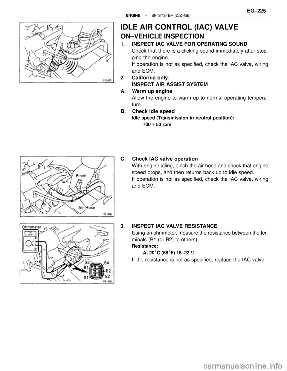 TOYOTA SUPRA 1986  Service Repair Manual IDLE AIR CONTROL (IAC) VALVE
ON±VEHICLE INSPECTION
1.  INSPECT IAC VALVE FOR OPERATING SOUND
Check that there is a clicking sound immediately after stop-
ping the engine.
If operation is not as speci