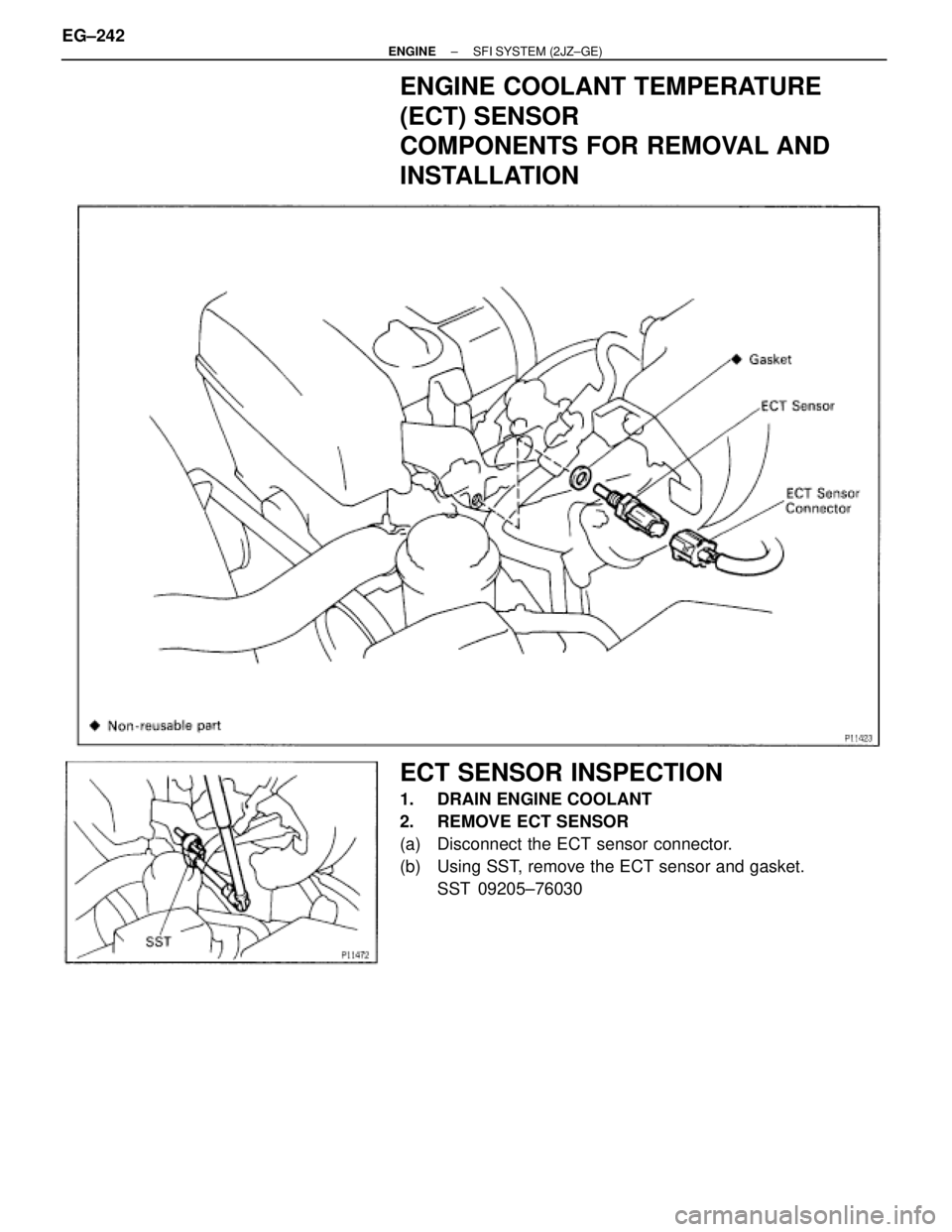 TOYOTA SUPRA 1986  Service Repair Manual ENGINE COOLANT TEMPERATURE
(ECT) SENSOR
COMPONENTS FOR REMOVAL AND
INSTALLATION
ECT SENSOR INSPECTION
1.  DRAIN ENGINE COOLANT
2.  REMOVE ECT SENSOR
(a)  Disconnect the ECT sensor connector.
(b)  Usin