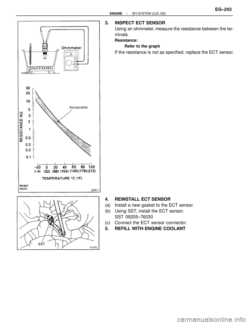TOYOTA SUPRA 1986  Service Repair Manual 3.  INSPECT ECT SENSOR
Using an ohmmeter, measure the resistance between the ter-
minals.
Resistance:
Refer to the graph
If the resistance is not as specified, replace the ECT sensor.
4.  REINSTALL EC