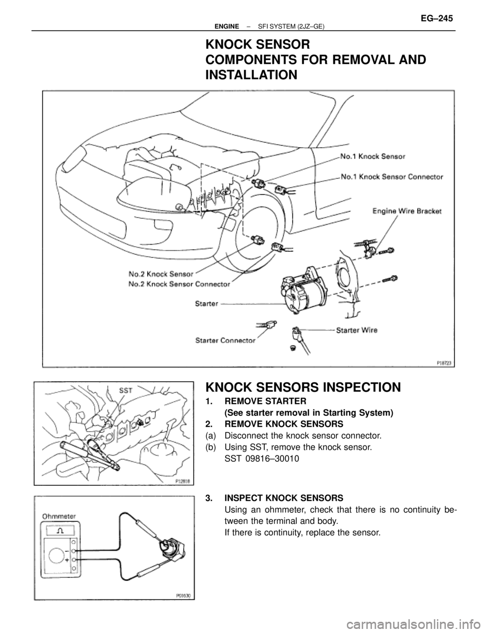 TOYOTA SUPRA 1986  Service Repair Manual KNOCK SENSOR
COMPONENTS FOR REMOVAL AND
INSTALLATION
KNOCK SENSORS INSPECTION
1. REMOVE STARTER
(See starter removal in Starting System)
2.  REMOVE KNOCK SENSORS
(a)  Disconnect the knock sensor conne