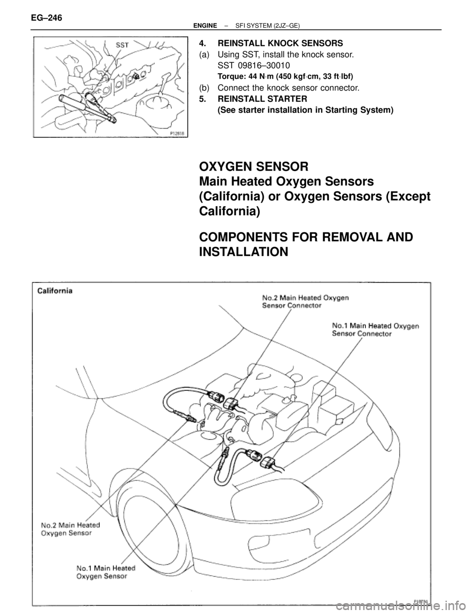 TOYOTA SUPRA 1986  Service Repair Manual 4.  REINSTALL KNOCK SENSORS
(a)  Using SST, install the knock sensor.
SST 09816±30010
Torque: 44 NVm (450 kgfVcm, 33 ftVlbf)
(b)  Connect the knock sensor connector.
5. REINSTALL STARTER
(See starter