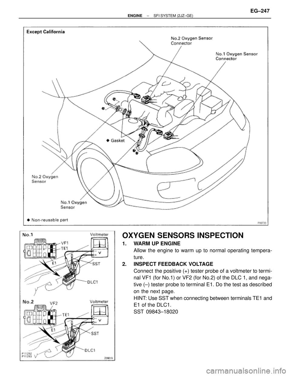 TOYOTA SUPRA 1986  Service Repair Manual OXYGEN SENSORS INSPECTION
1.  WARM UP ENGINE
Allow the engine to warm up to normal operating tempera-
ture.
2.  INSPECT FEEDBACK VOLTAGE
Connect  the positive (+) tester probe of a voltmeter to termi-
