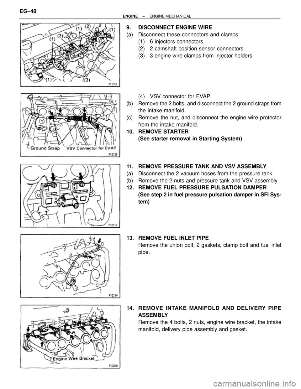 TOYOTA SUPRA 1986  Service Repair Manual 9.  DISCONNECT ENGINE WIRE
(a)  Disconnect these connectors and clamps:
(1)  6 injectors connectors
(2)  2 camshaft position sensor connectors
(3)  3 engine wire clamps from injector holders
(4)  VSV 