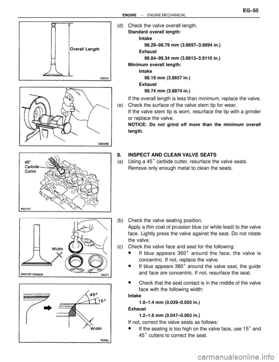 TOYOTA SUPRA 1986  Service Repair Manual (d)  Check the valve overall length.
Standard overall length:
Intake
98.29±98.79 mm (3.8697±3.8894 in.)
Exhaust
98.84±99.34 mm (3.8913±3.9110 in.)
Minimum overall length:
Intake
98.19 mm (3.8657 i