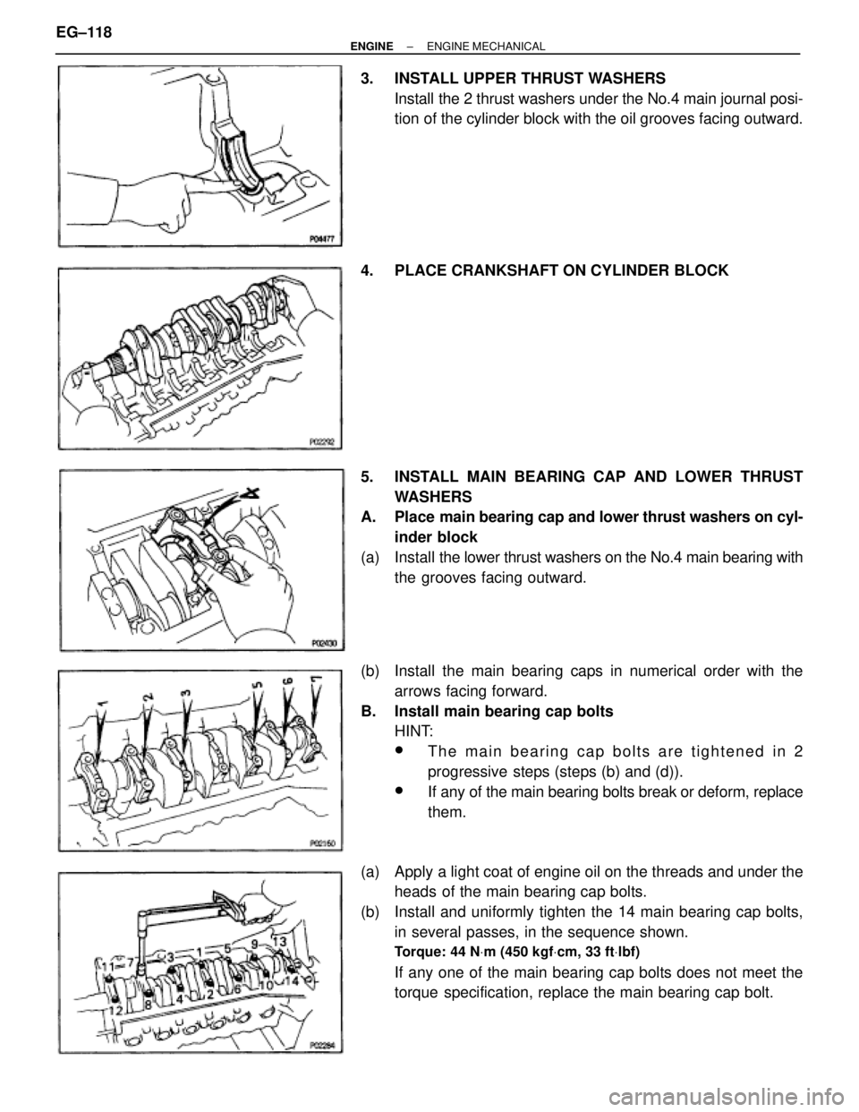 TOYOTA SUPRA 1986  Service Repair Manual 3.  INSTALL UPPER THRUST WASHERS
Install the 2 thrust washers under the No.4 main journal posi-
tion of the cylinder block with the oil grooves facing outward.
4.  PLACE CRANKSHAFT ON CYLINDER BLOCK
5