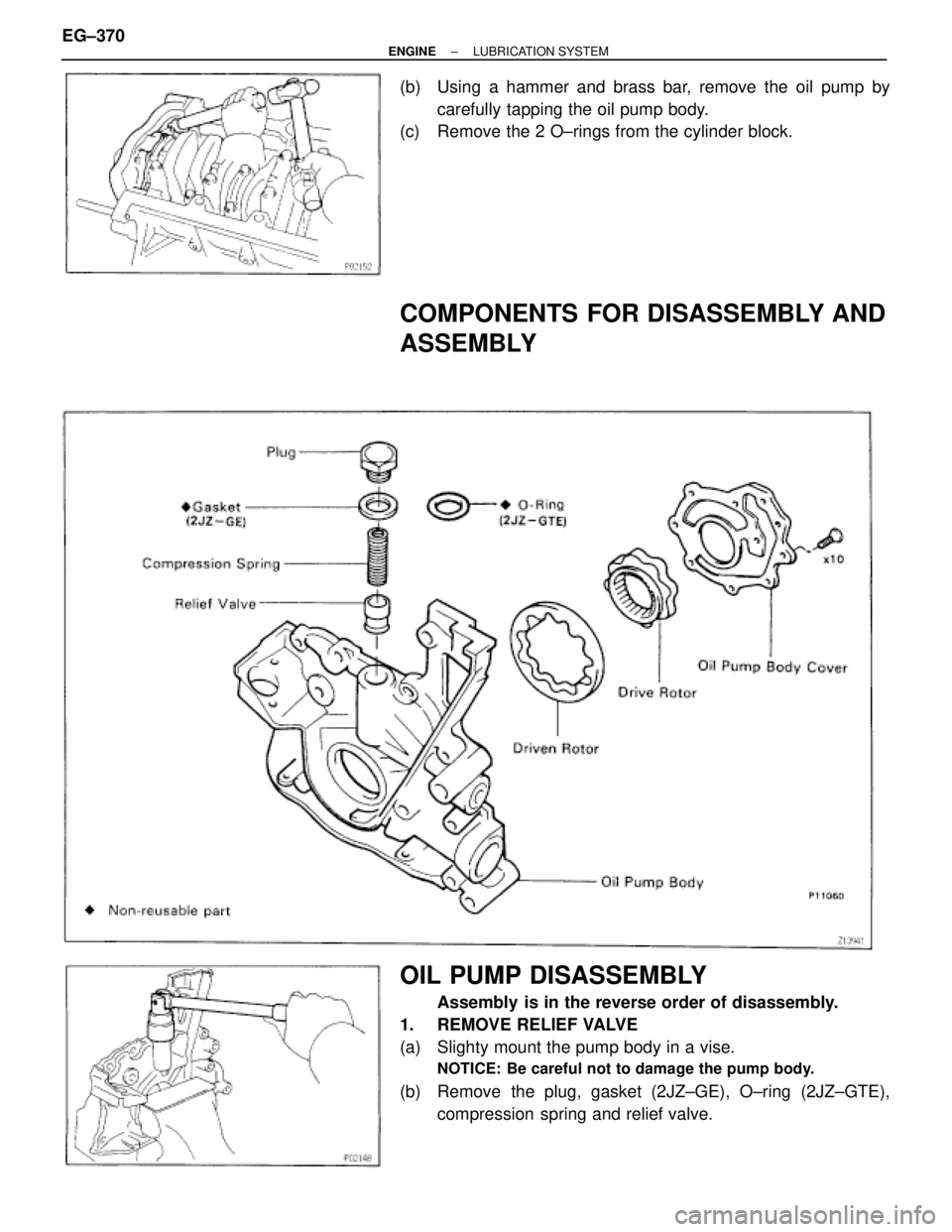 TOYOTA SUPRA 1986  Service Repair Manual (b)  Using a hammer and brass bar, remove the oil pump by
carefully tapping the oil pump body.
(c)  Remove the 2 O±rings from the cylinder block.
COMPONENTS FOR DISASSEMBLY AND
ASSEMBLY
OIL PUMP DISA