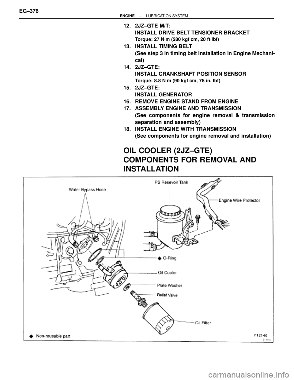 TOYOTA SUPRA 1986  Service Repair Manual 12. 2JZ±GTE M/T:
INSTALL DRIVE BELT TENSIONER BRACKET
Torque: 27 NVm (280 kgfVcm, 20 ftVlbf)
13.  INSTALL TIMING BELT
(See step 3 in timing belt installation in Engine Mechani-
cal)
14. 2JZ±GTE:
INS