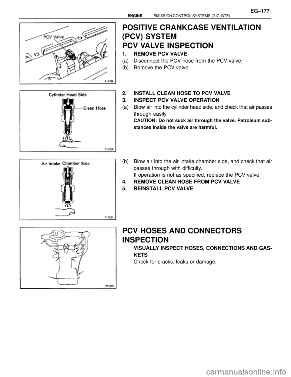TOYOTA SUPRA 1986  Service Repair Manual POSITIVE CRANKCASE VENTILATION
(PCV) SYSTEM
PCV VALVE INSPECTION
1.  REMOVE PCV VALVE
(a)  Disconnect the PCV hose from the PCV valve.
(b)  Remove the PCV valve.
2.  INSTALL CLEAN HOSE TO PCV VALVE
3.