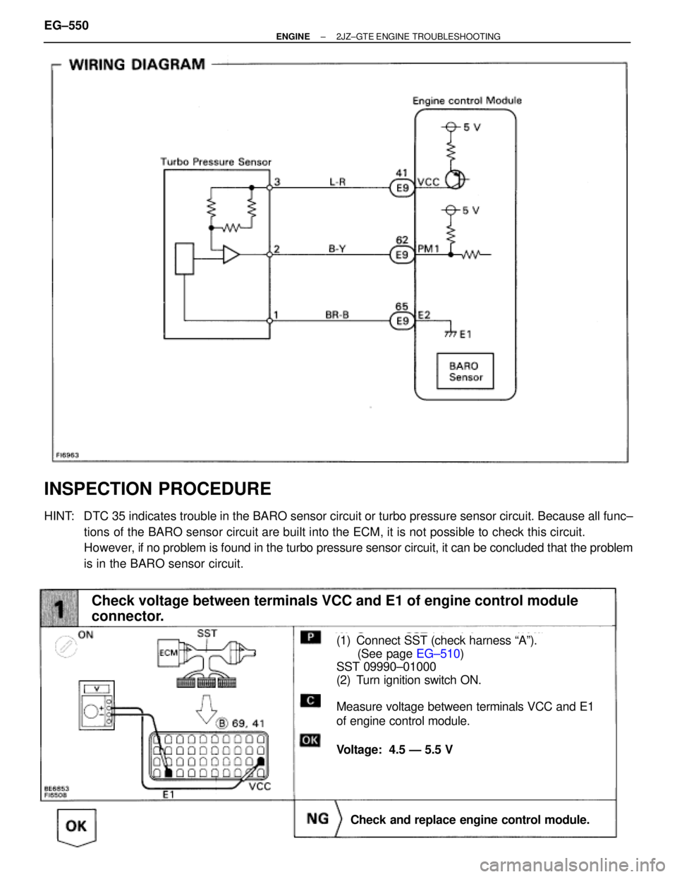 TOYOTA SUPRA 1986 Service Manual Online (See page EG±510)(1) Connect SST (check harness ªAº).
(See page EG±510)
SST 09990±01000
(2) Turn ignition switch ON.
Measure voltage between terminals VCC and E1
of engine control module.
Voltage TOYOTA SUPRA 1986 Service Manual Online (See page EG±510)(1) Connect SST (check harness ªAº).
(See page EG±510)
SST 09990±01000
(2) Turn ignition switch ON.
Measure voltage between terminals VCC and E1
of engine control module.
Voltage