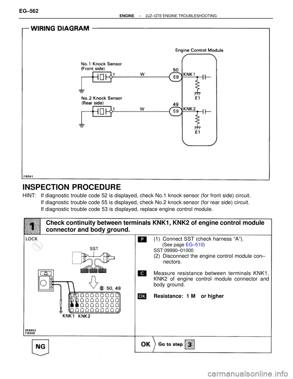 TOYOTA SUPRA 1986  Service Owners Manual INSPECTION PROCEDURE
HINT: If diagnostic trouble code 52 is displayed, check No.1 knock sensor (for front side) circuit.
If diagnostic trouble code 55 is displayed, check No.2 knock sensor (for rear s