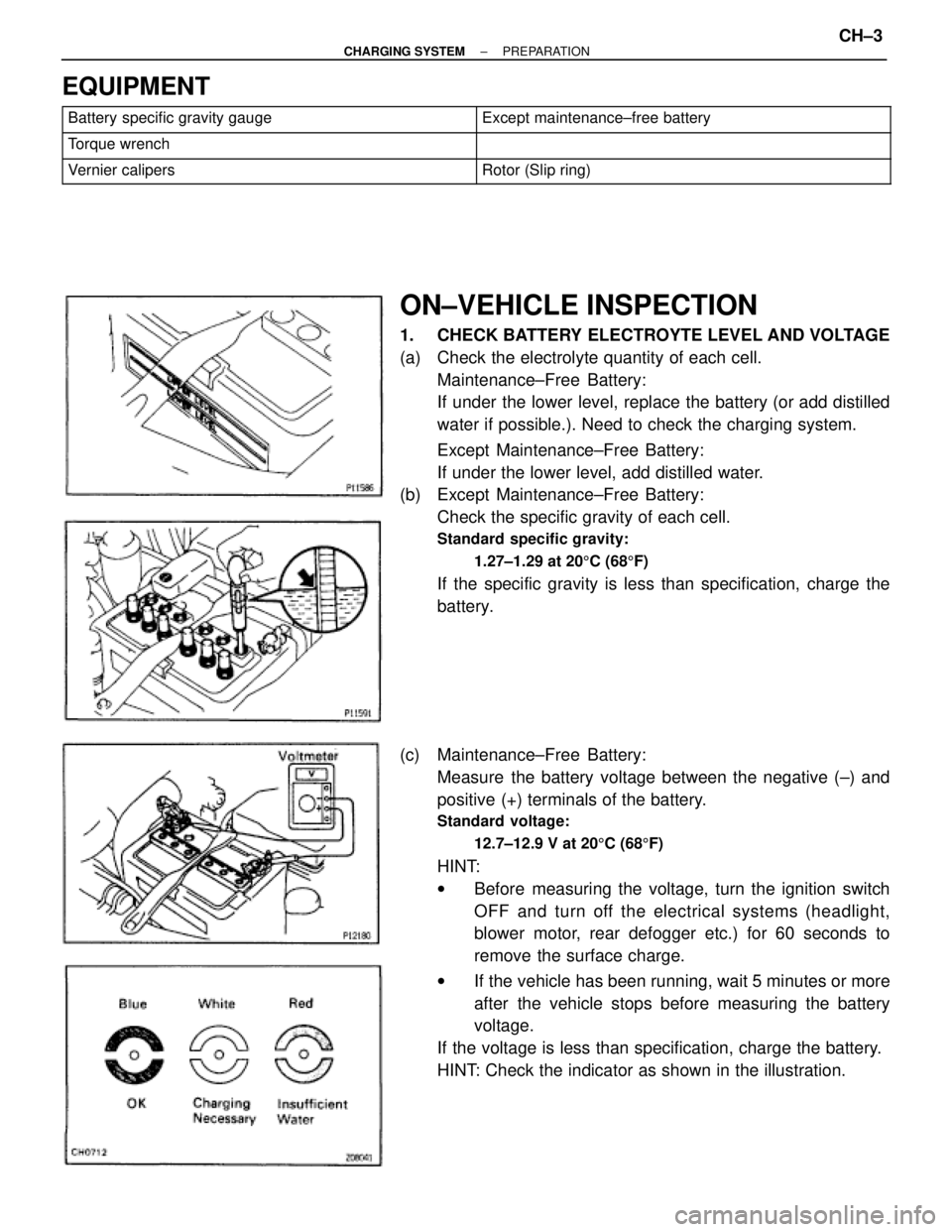 TOYOTA SUPRA 1995  Service Repair Manual EQUIPMENT
 Battery specific gravity gauge Except maintenance±free battery
 Torque wrench