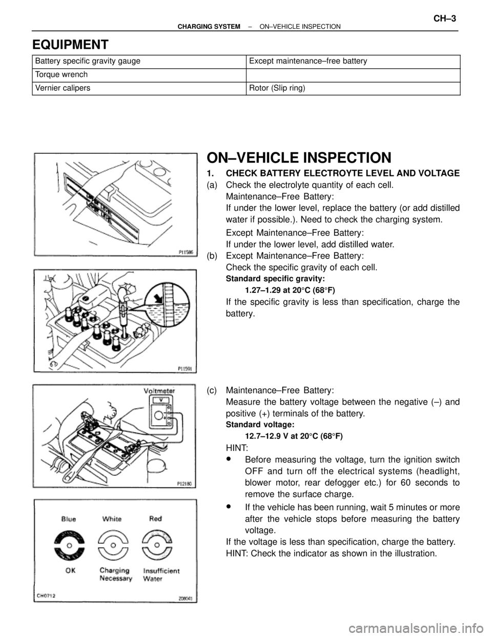 TOYOTA SUPRA 1995  Service Repair Manual EQUIPMENT
 Battery specific gravity gauge Except maintenance±free battery
 Torque wrench