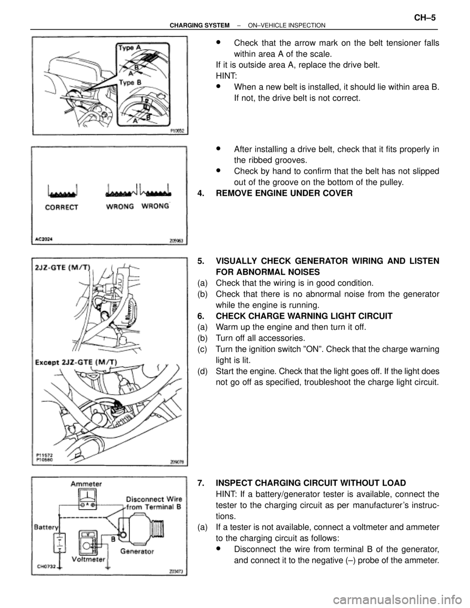 TOYOTA SUPRA 1995  Service Repair Manual wCheck that the arrow mark on the belt tensioner falls
within area A of the scale.
If it is outside area A, replace the drive belt.
HINT:
wWhen a new belt is installed, it should lie within area B.
If