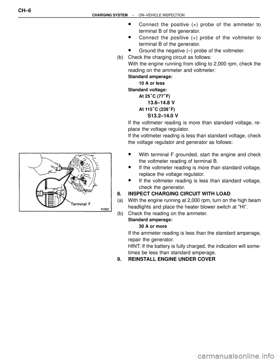 TOYOTA SUPRA 1995  Service Repair Manual wConnect the positive (+) probe of the ammeter to
terminal B of the generator.
wConnect the positive (+) probe of the voltmeter to
terminal B of the generator.
wGround the negative (±) probe of the v