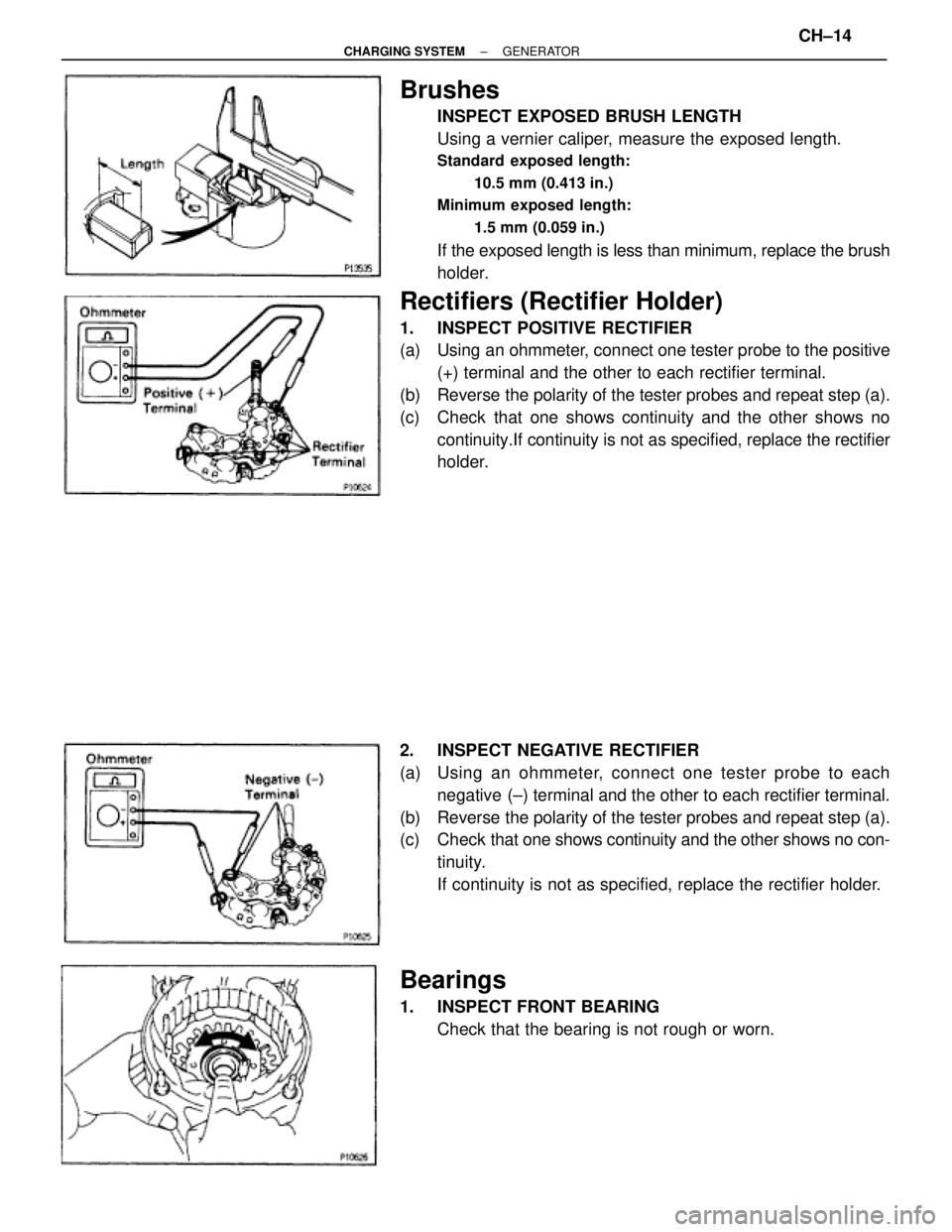 TOYOTA SUPRA 1995  Service Repair Manual Brushes
INSPECT EXPOSED BRUSH LENGTH
Using a vernier caliper, measure the exposed length.
Standard exposed length:
10.5 mm (0.413 in.)
Minimum exposed length:
1.5 mm (0.059 in.)
If the exposed length 