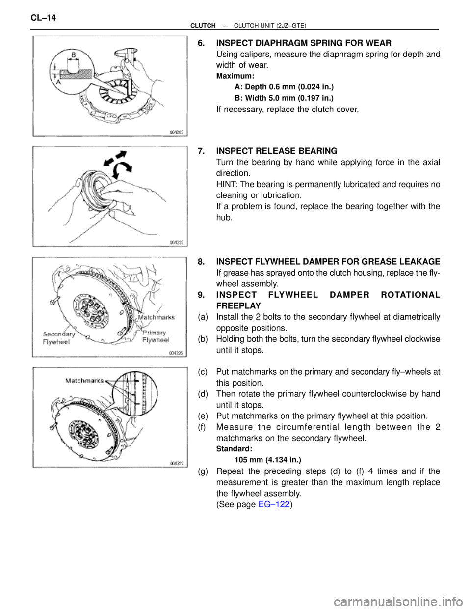 TOYOTA SUPRA 1995  Service Repair Manual 6.  INSPECT DIAPHRAGM SPRING FOR WEAR
Using calipers, measure the diaphragm spring for depth and
width of wear.
Maximum:
A: Depth 0.6 mm (0.024 in.)
B: Width 5.0 mm (0.197 in.)
If necessary, replace t