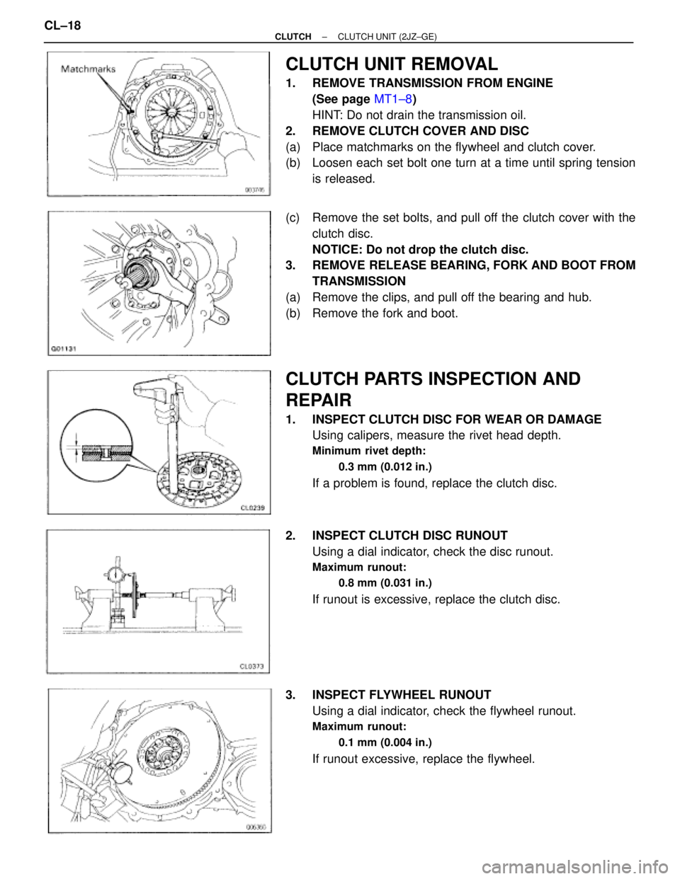 TOYOTA SUPRA 1995  Service Repair Manual CLUTCH UNIT REMOVAL
1.  REMOVE TRANSMISSION FROM ENGINE
(See page MT1±8)
HINT: Do not drain the transmission oil.
2.  REMOVE CLUTCH COVER AND DISC
(a)  Place matchmarks on the flywheel and clutch cov